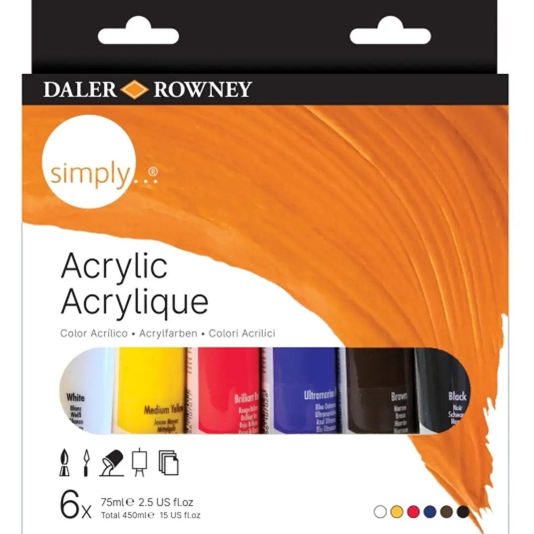 Daler Rowney Simply Pack de 6 Pinturas Acrilicas - Tubos de Plastico - 75ml - Colores Surtidos 1
