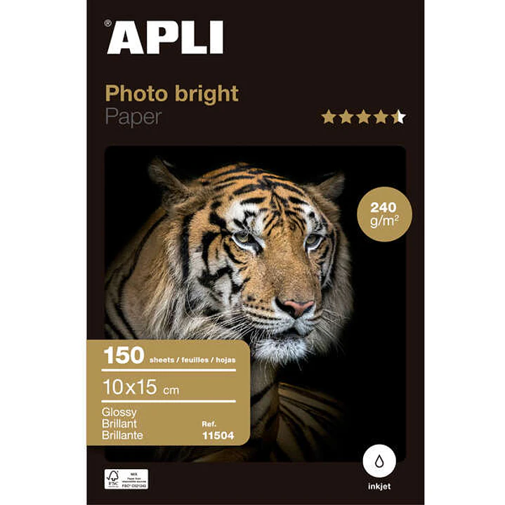 Apli Pack de 150 Hojas de Papel Fotografico Photobright 10x15cm 240g - Acabado Brillante - Apto para Uso en Impresoras Inkjet 1