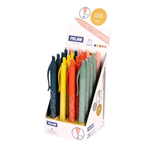 Milan P1 Lava Expositor con 20 Boligrafos de Bola Retractiles - Punta Redonda 1mm - Tinta Azul - Colores Surtidos