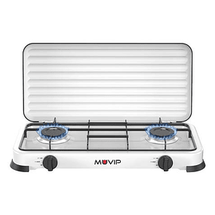 Muvip Vulcano Cocina de Gas con 2 Fuegos - Tapa Protectora - Patas de Goma - Superficie Esmaltada - Quemador Extraible - 57.7x27.8x5.3cm - Color Blanc