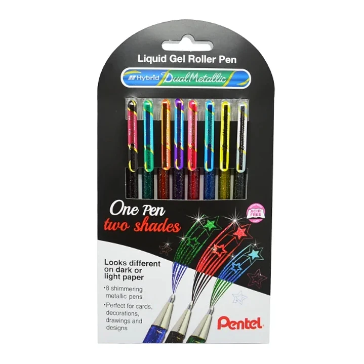 Pentel Hybrid Dual Metallic Pack de 8 Boligrafos de Bola con Tinta Gel Brillante - Punta 1mm - Trazo 0.5mm - Colores Brillantes Surtidos 1