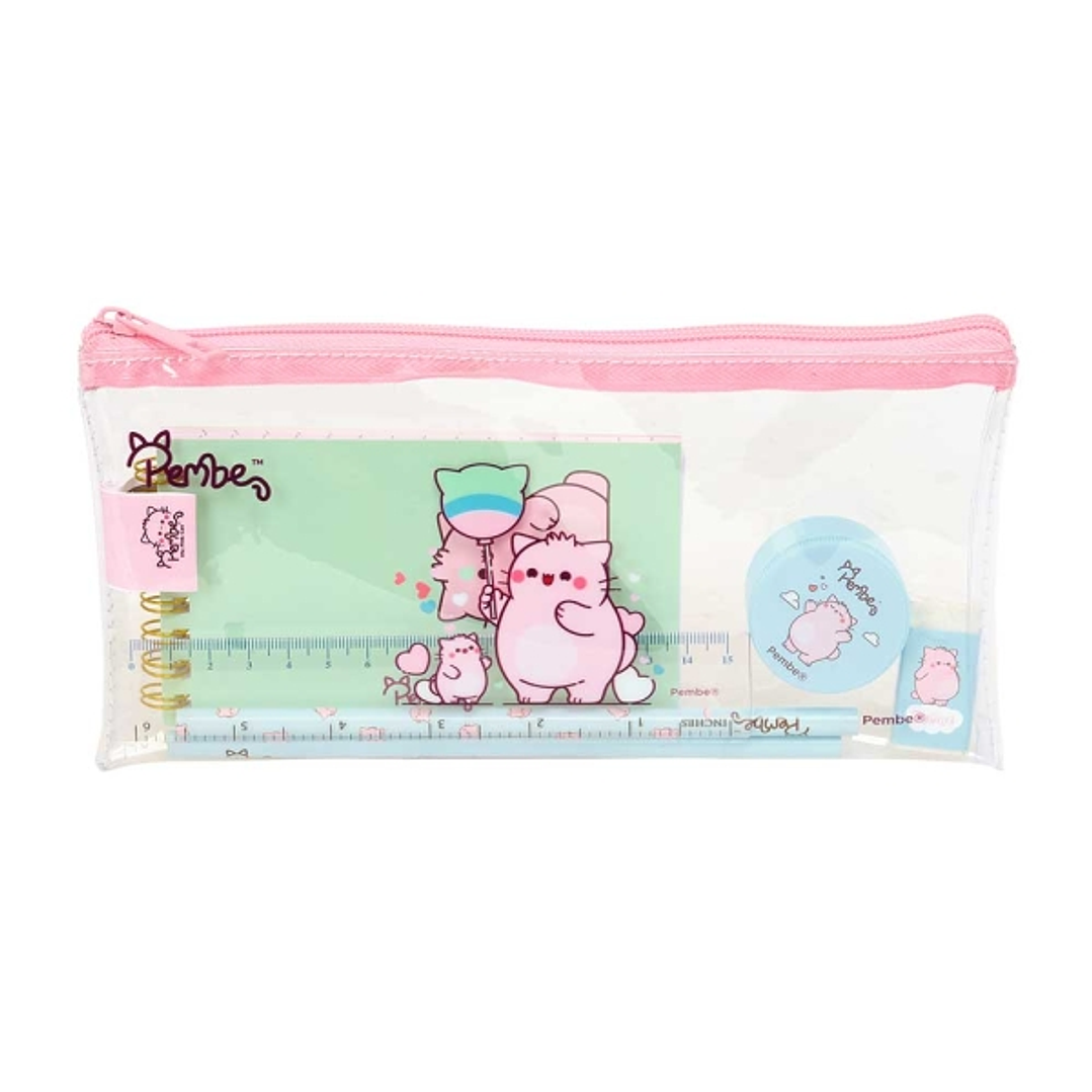 Safta Pembe The Pink Cat Pack Escolar con Portatodo de PVC - Cierre ZIP - Regla 15cm - 2 Lapices - Sacapuntas - Goma - Bloc de Notas con 70 Hojas - 22 1