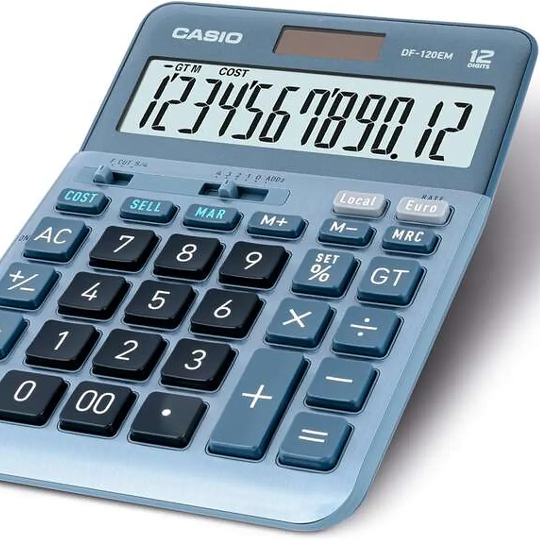 Casio DF-120EM Calculadora de Sobremesa - Pantalla Extragrande de 12 Digitos - Alimentacion Solar y Pilas - Color Azul 1