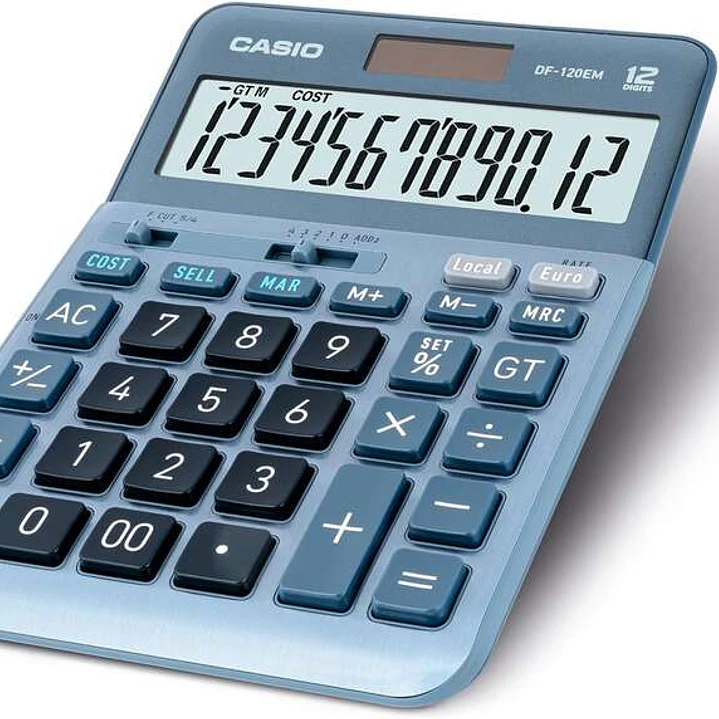 Casio DF-120EM Calculadora de Sobremesa - Pantalla Extragrande de 12 Digitos - Alimentacion Solar y Pilas - Color Azul 1