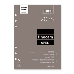 Finocam R1098 Recambio Anual 2026 para Agendas Open 2026 - Formato 1000 - 155x15x215mm - 1 Dia por Pagina - Color Blanco