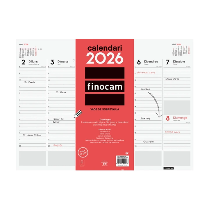 Finocam Vade Protector de Escritorio en Catalan - Anual 2026 - Encolado - 420x7x310mm - Semana Vista en Vertical - Color Blanco y Rojo 1