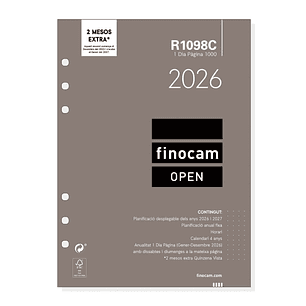 Finocam R1098C Recambio Anual 2026 para Agendas Open 2026 en Catalan - Formato 1000 - 155x15x215mm - 1 Dia por Pagina - Color Blanco