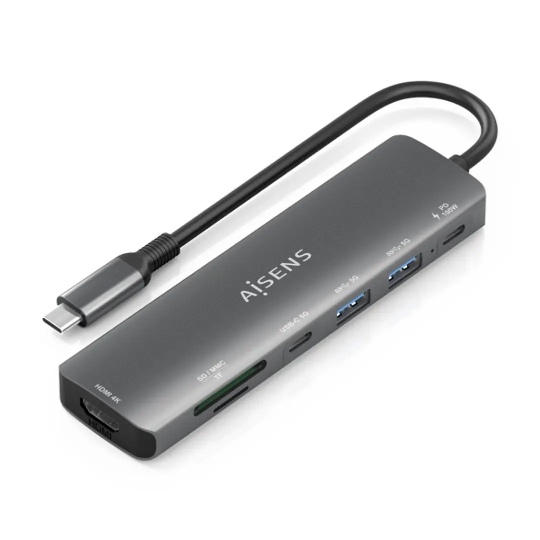 Aisens USB-C Dock 7 en 1 - USB-C a 1xHDMI - 2xUSB-A - 1xUSB-C - 1xUSB-C 100W - 1xSD - 1xMicroSD - 15cm - Color Gris 1
