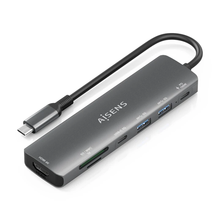 Aisens USB-C Dock 7 en 1 - USB-C a 1xHDMI - 2xUSB-A - 1xUSB-C - 1xUSB-C 100W - 1xSD - 1xMicroSD - 15cm - Color Gris 1