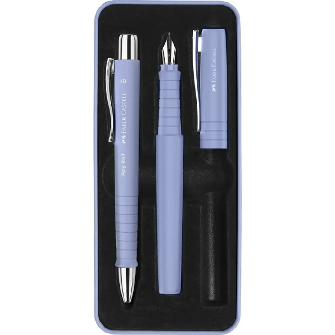 Faber-Castell Poly Pack de Boligrafo Poly Ball y Pluma Estilografica Poly Pen con Plumin B - Clip de Metal - Color Azul Claro 1