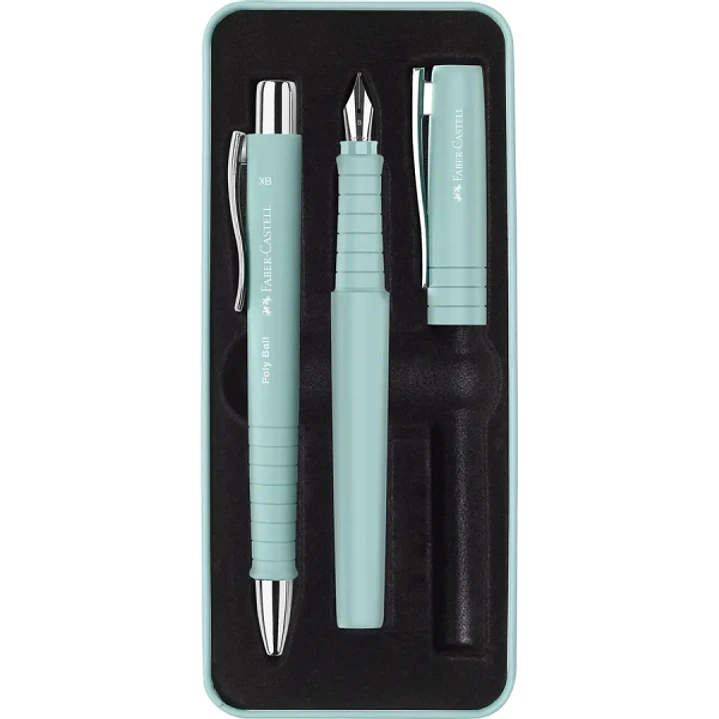 Faber-Castell Poly Pack de Boligrafo Poly Ball y Pluma Estilografica Poly Pen con Plumin B - Clip de Metal - Color Verde Claro 1
