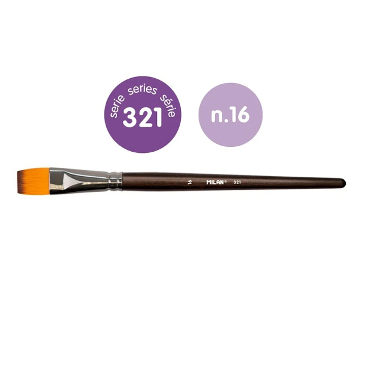Milan 321 Pack de 3 Pinceles Planos Numero 16 - Bolsa con Colgador - Pelo Sintetico - Color Madera Oscuro 1
