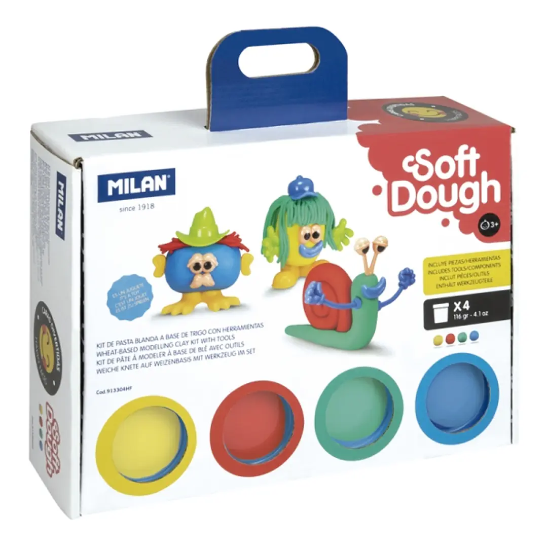 Milan Soft Dough Pack de 4 Botes de Pasta Blanda - Maletin con Herramientas - 116g por Unidad - 100% Vegetal - Moldeable - Sin Residuos - Colores Mezc 1