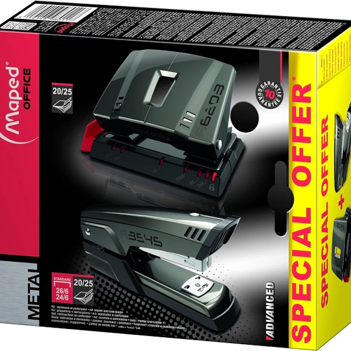 Maped Pack de Grapadora Metalica A3545 + Taladro Metalico A6203 - Grapa hasta 25 Hojas a la Vez - Admite Grapas 24/6 y 26/6 - Perfora hasta 25 Hojas - 1
