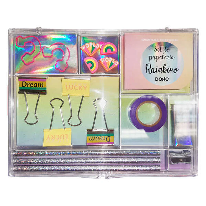 Dohe Set de Papeleria de Regalo - Incluye Bloc de Notas 80 Hojas 80x65mm - Clips con Forma 36x28mm - Pinzas 32mm - Push Pins 18.3x12mm - Lapiceros - A 1