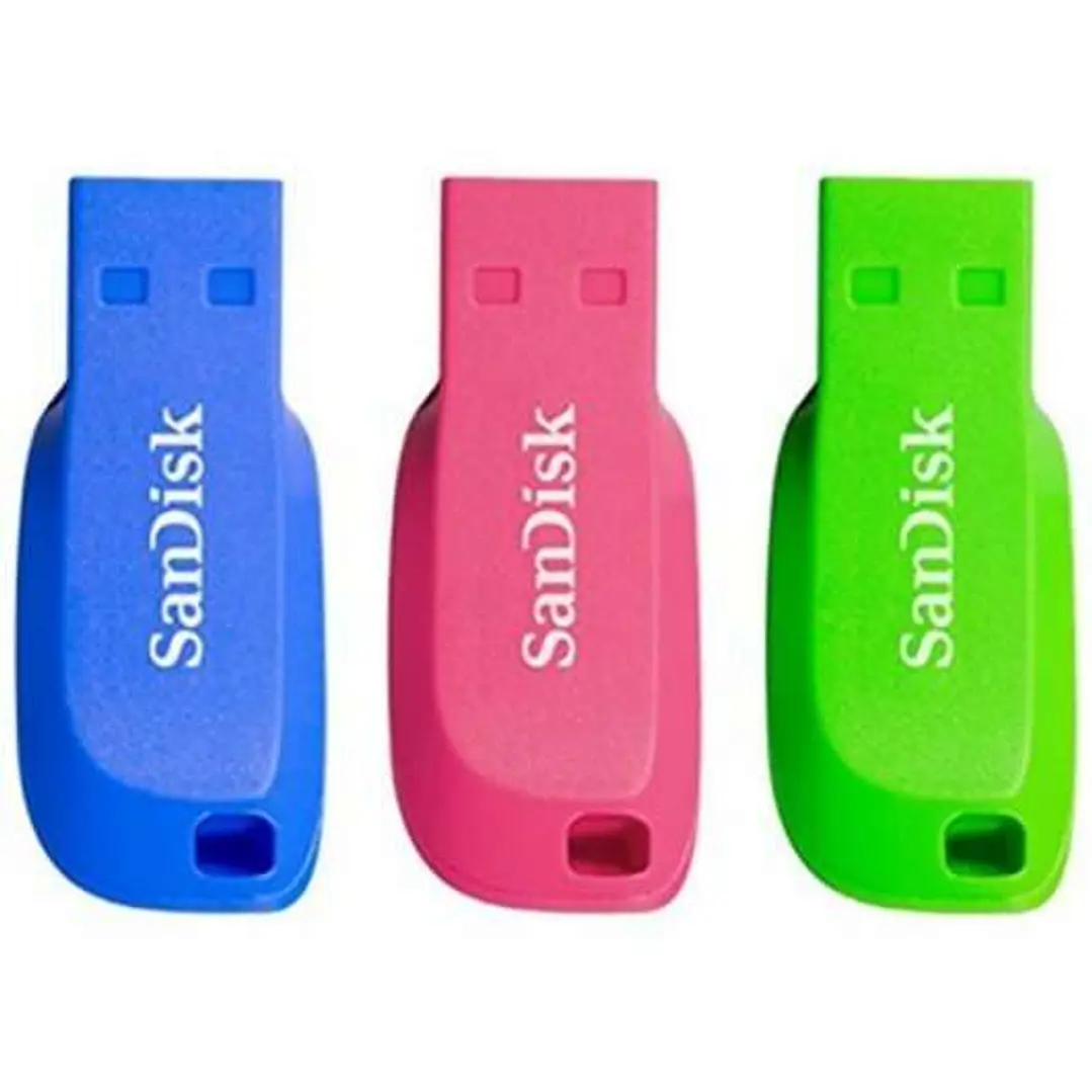Sandisk Pack de 3 Cruzer Blade Memoria USB 2.0 32GB - Ultra Compacta - Color Azul, Rosa y Verde (Pendrive) 1
