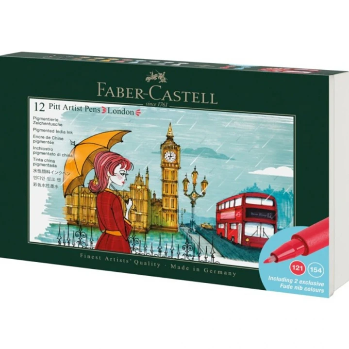 Faber-Castell Pitt Artist Pen Brush City Collection London Estuche con 12 Rotuladores Punta Pincel - Tinta Pigmentada - Alta Resistencia a la Luz - No 1