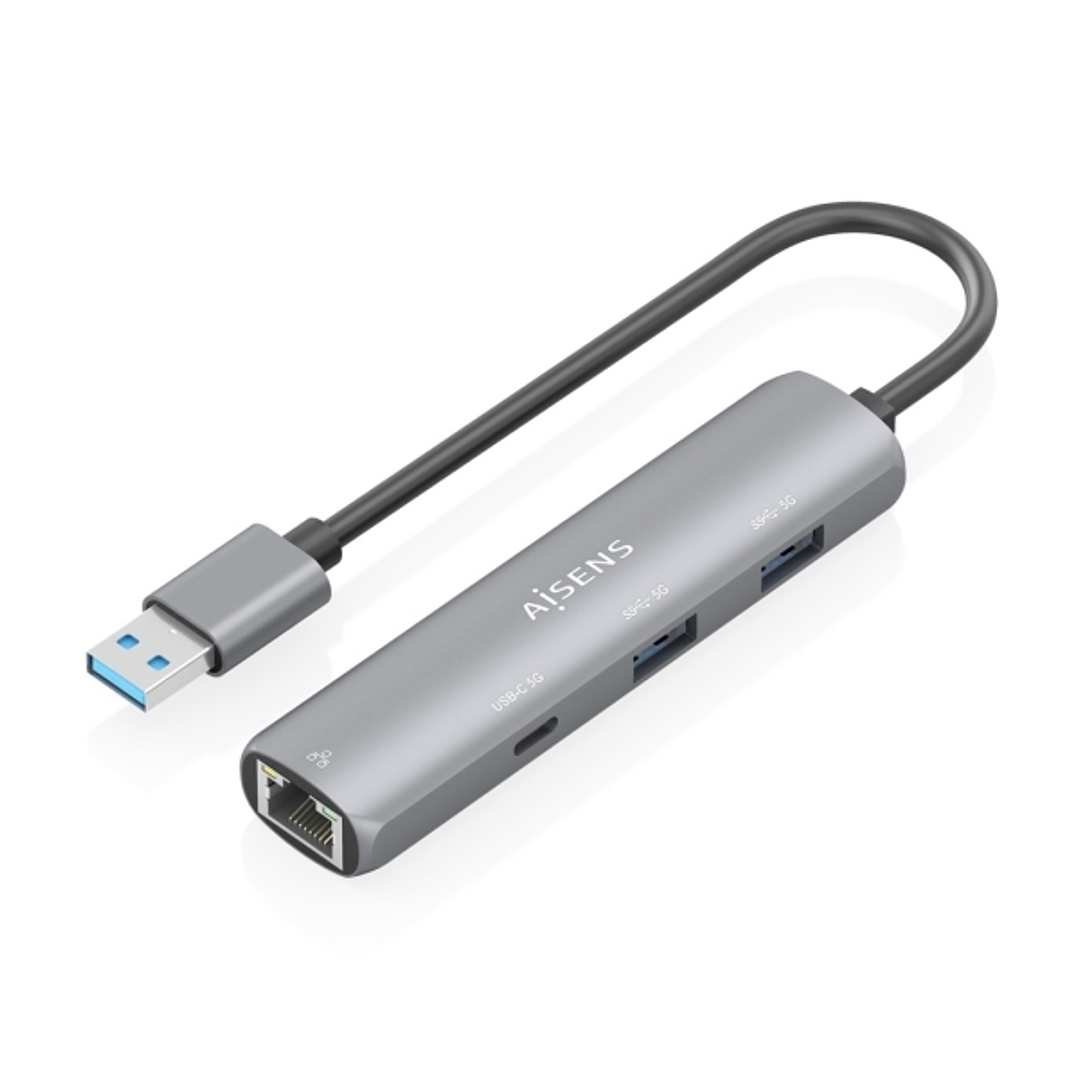 Aisens ASUC-4P035-GR Adaptador de Red USB 3.0 a Ethernet Gigabit + Hub 1xUSB-C y 2xUSB-A 3.0 - 15cm - Color Gris 1