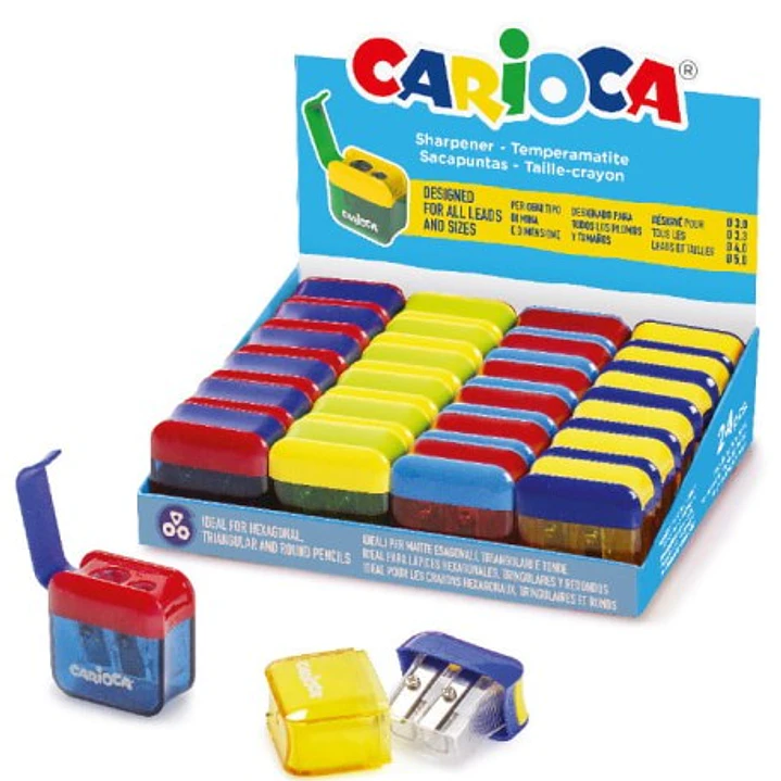 Carioca Expositor con 24 Minisacapuntas de 2 Orificios con Deposito - Tapon de Seguridad en la Cuchilla - Colores Aleatorios Surtidos 1