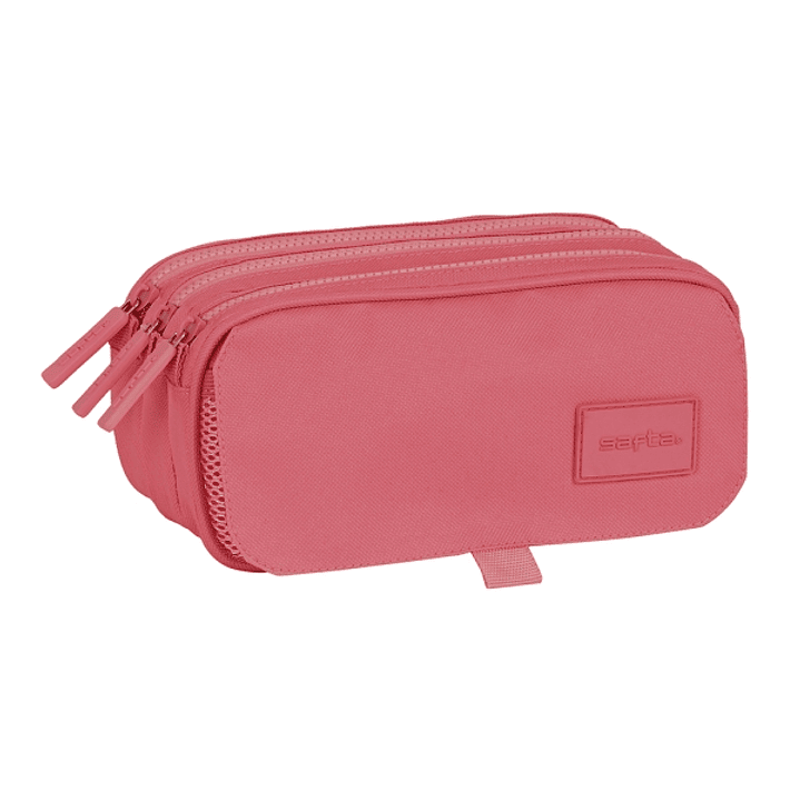 Safta Basic Portatodo - 3 Compartimentos con Cremalleras - Bolsillo Frontal - Cinta Adaptable - 1.72L - 215x80x100mm - Color Rosa 1