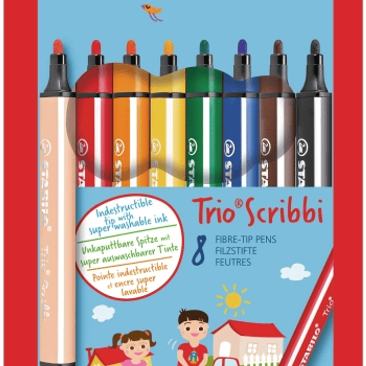 Stabilo Trio Scribbi Pack con 8 Rotuladores - Trazo entre 1,5-2mm - Forma Triangular - Tinta Super Lavable - Colores Surtidos 1