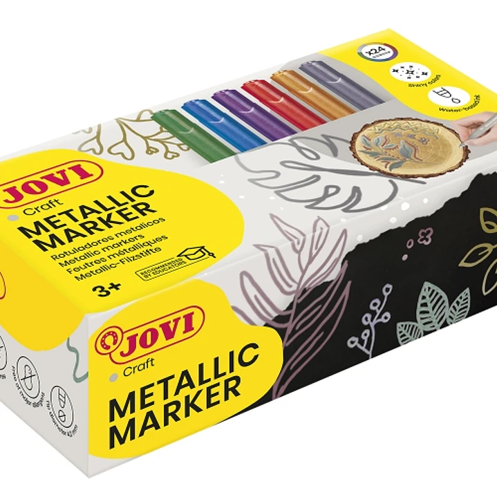 Jovi Metalic Caja de 24 Rotuladores - Colores Efecto Metalico - Tinta Base de Agua - Facil Limpieza - Ideal para Papel Oscuro y Cartulina - Colores Su 1