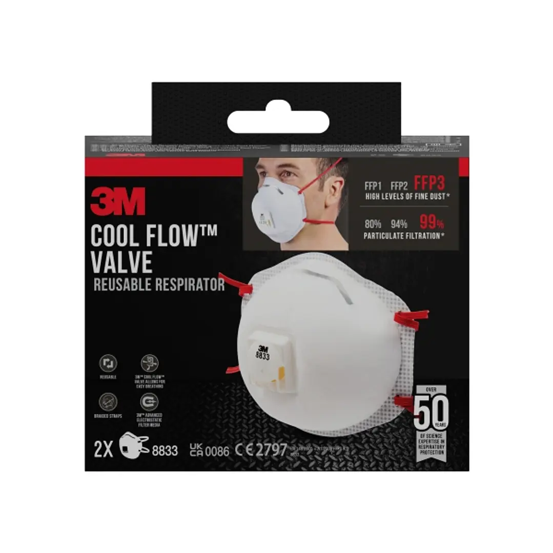 3M Cool Flow Pack de 2 Mascarillas para Particulas FFP3 - Reutilizable - con Valvula - para Altos Niveles de Particulas - Color Blanco 1