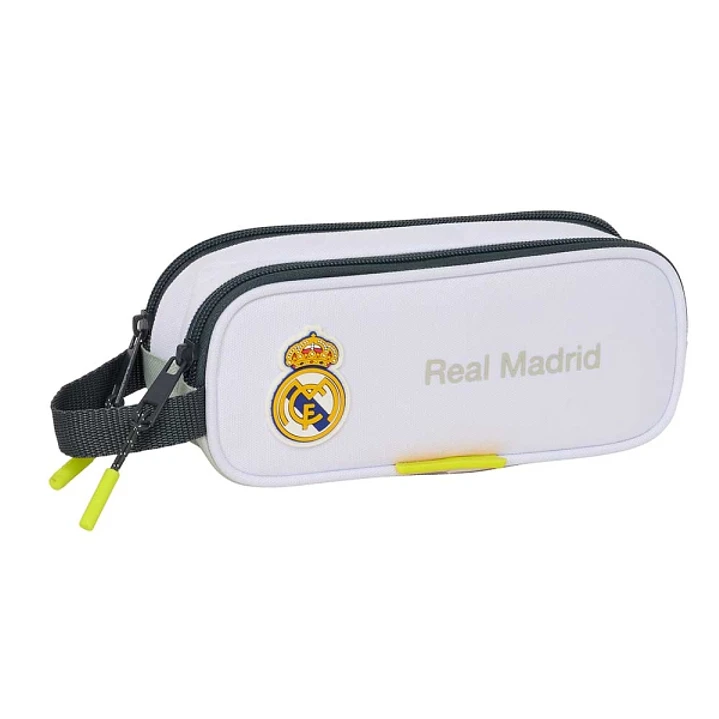 Safta Real Madrid Estuche Portatodo de 1L - 2 Compartimentos - Cierre de Cremallera - Asa de Mano - 21x8x6cm - Color Blanco y Negro 1