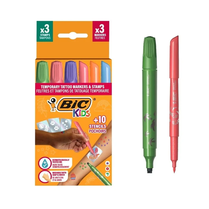 Bic Kids Tatuajes Temporales Pack de 3 Sellos + 3 Rotuladores + 10 Plantillas - Tinta Dermatologicamente Testada y Sin Perfume - Colores Surtidos 1