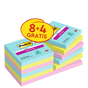 Post-It Super Sticky Pack de 12 Blocs de 90 Notas Adhesivas Reposicionables - Coleccion Cosmic - 76x76 mm - + 4 Gratis - Colores Surtidos