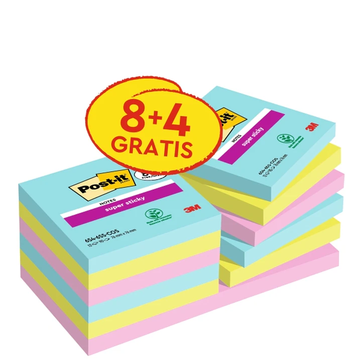 Post-It Super Sticky Pack de 12 Blocs de 90 Notas Adhesivas Reposicionables - Coleccion Cosmic - 76x76 mm - + 4 Gratis - Colores Surtidos 1