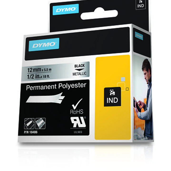 Dymo Rhino ID1-12 Cinta de Etiquetas Original para Rotuladora - Texto Negro sobre Fondo Plata - Ancho 12mm x 5.5 metros - 18486 1