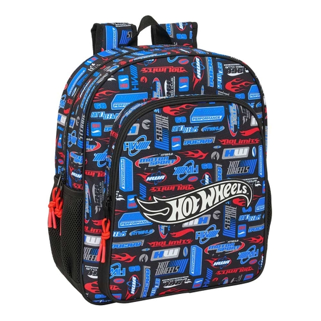 Safta Hot Wheels Mochila - Adaptable a Carro - Portabotellas - Doble Tirador en Cremallera - Hombreras Acolchadas Ergonomicas - Asa de Mano Superior - 1