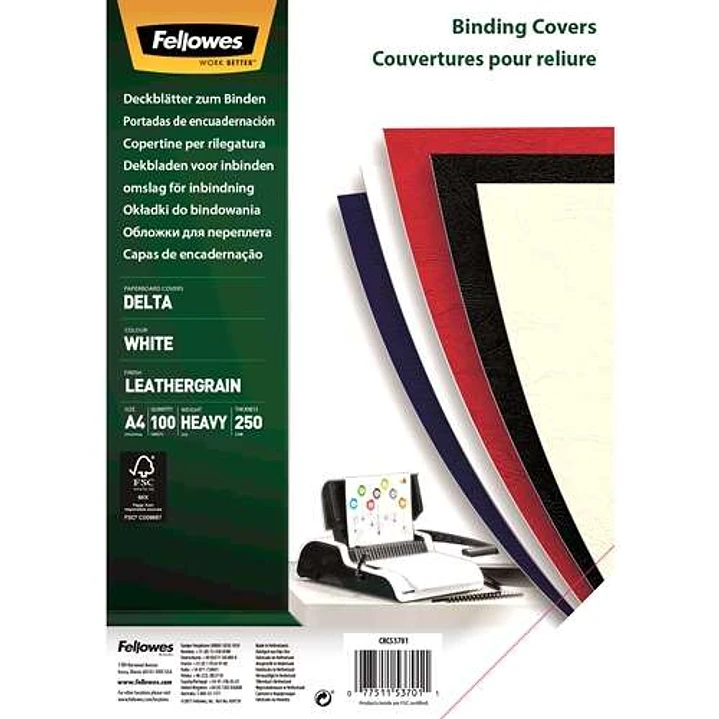 Fellowes Pack de 100 Portadas de Carton Simil Piel Delta Cuero A4 - 250 gr - Color Blanco 1