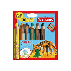 Stabilo Woody 3 en 1 30º Aniversario Tigre Pack de 6 Lapices de Colores + Sacapuntas - Lapiz de Color, Cera y Acuarela, Todo en Uno - Mina XXL 10mm - 