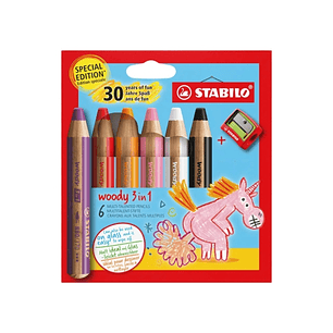 Stabilo Woody 3 en 1 30º Aniversario Unicornio Pack de 6 Lapices de Colores + Sacapuntas - Lapiz de Color, Cera y Acuarela, Todo en Uno - Mina XXL 10m