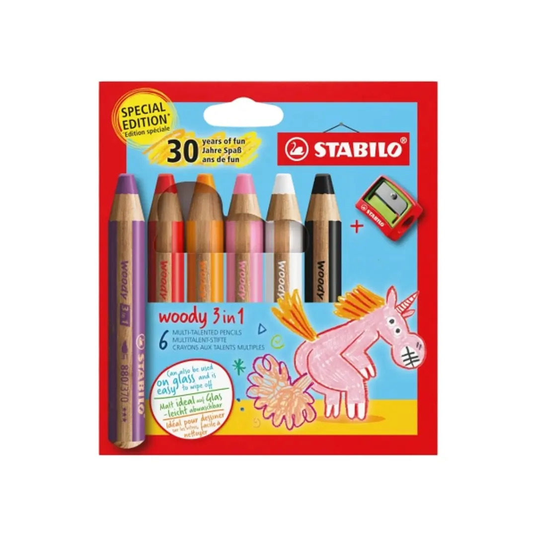 Stabilo Woody 3 en 1 30º Aniversario Unicornio Pack de 6 Lapices de Colores + Sacapuntas - Lapiz de Color, Cera y Acuarela, Todo en Uno - Mina XXL 10m 1