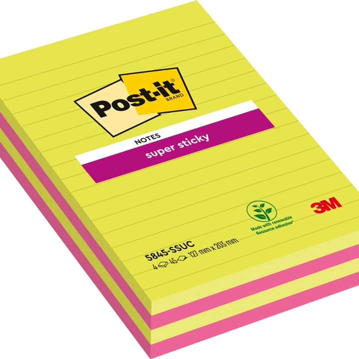 Post-It Super Sticky Pack de 4 Blocs de 45 Notas Grandes Adhesivas Reposicionables - con Lineas - 100% PEFC - Colores Surtidos 1