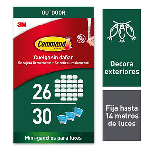 Command Pack de 26 Ganchos para Luces - Sujeccion de Clip - 30 Tiras Adhesivas - Color Blanco