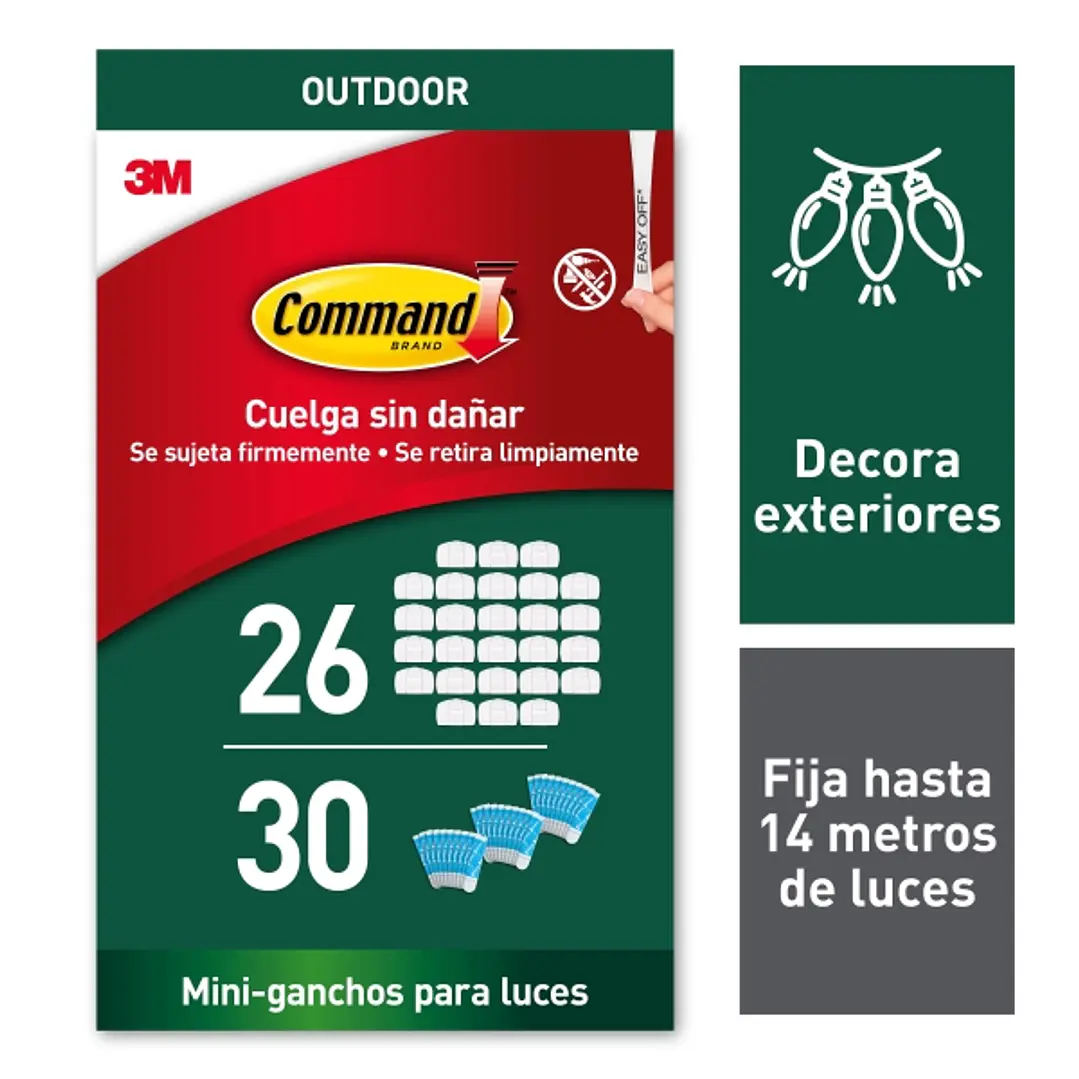 Command Pack de 26 Ganchos para Luces - Sujeccion de Clip - 30 Tiras Adhesivas - Color Blanco 1