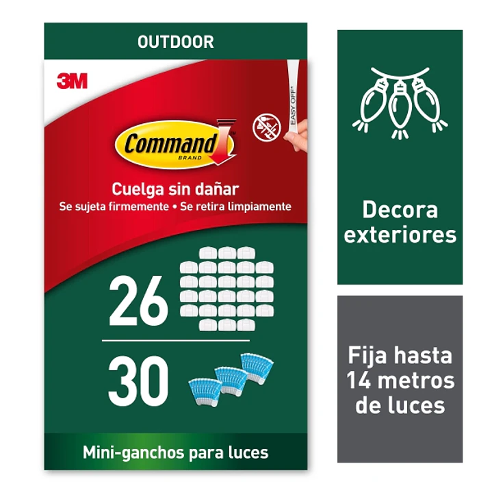 Command Pack de 26 Ganchos para Luces - Sujeccion de Clip - 30 Tiras Adhesivas - Color Blanco 1