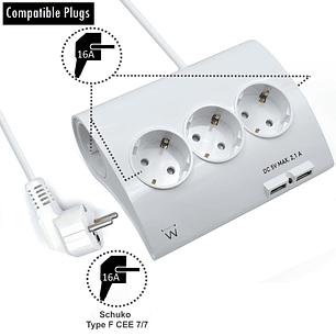 Ewent Regleta de Energia - 5 enchufes - Version Schuko - 16A -  2 Puertos USB - Cable de 1.5m - Color Blanco