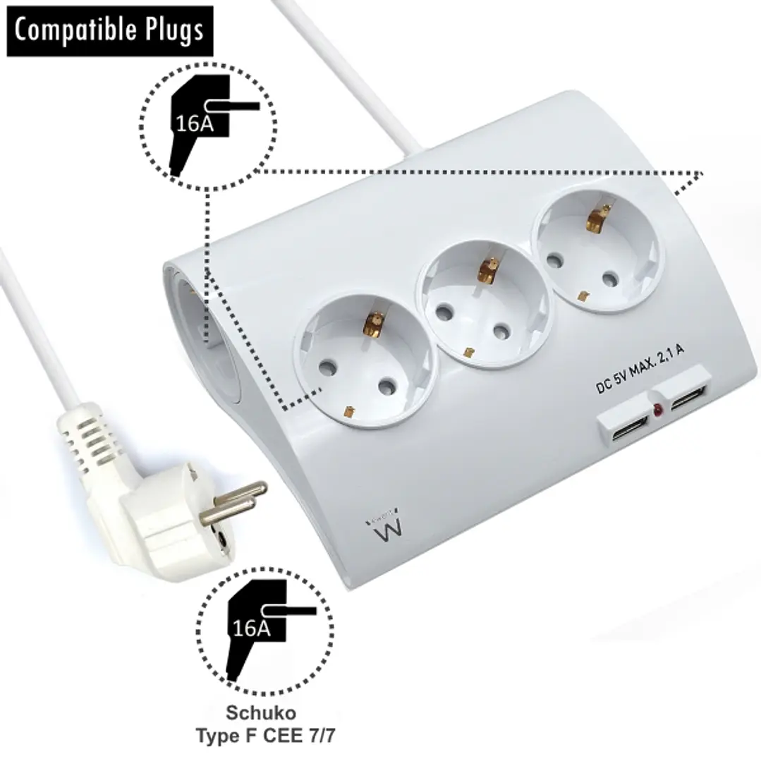 Ewent Regleta de Energia - 5 enchufes - Version Schuko - 16A -  2 Puertos USB - Cable de 1.5m - Color Blanco 1