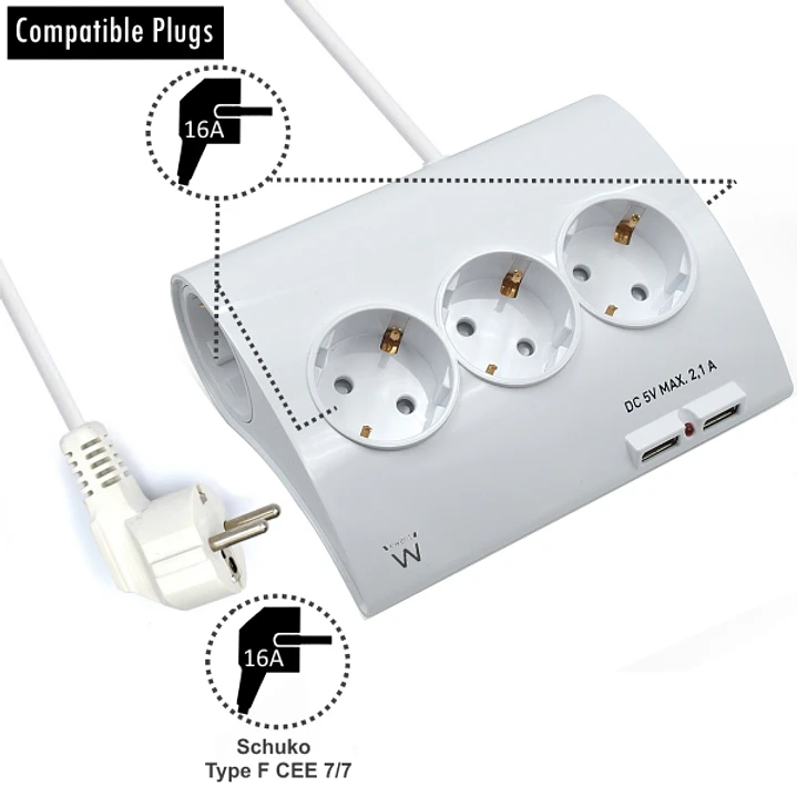 Ewent Regleta de Energia - 5 enchufes - Version Schuko - 16A -  2 Puertos USB - Cable de 1.5m - Color Blanco 1