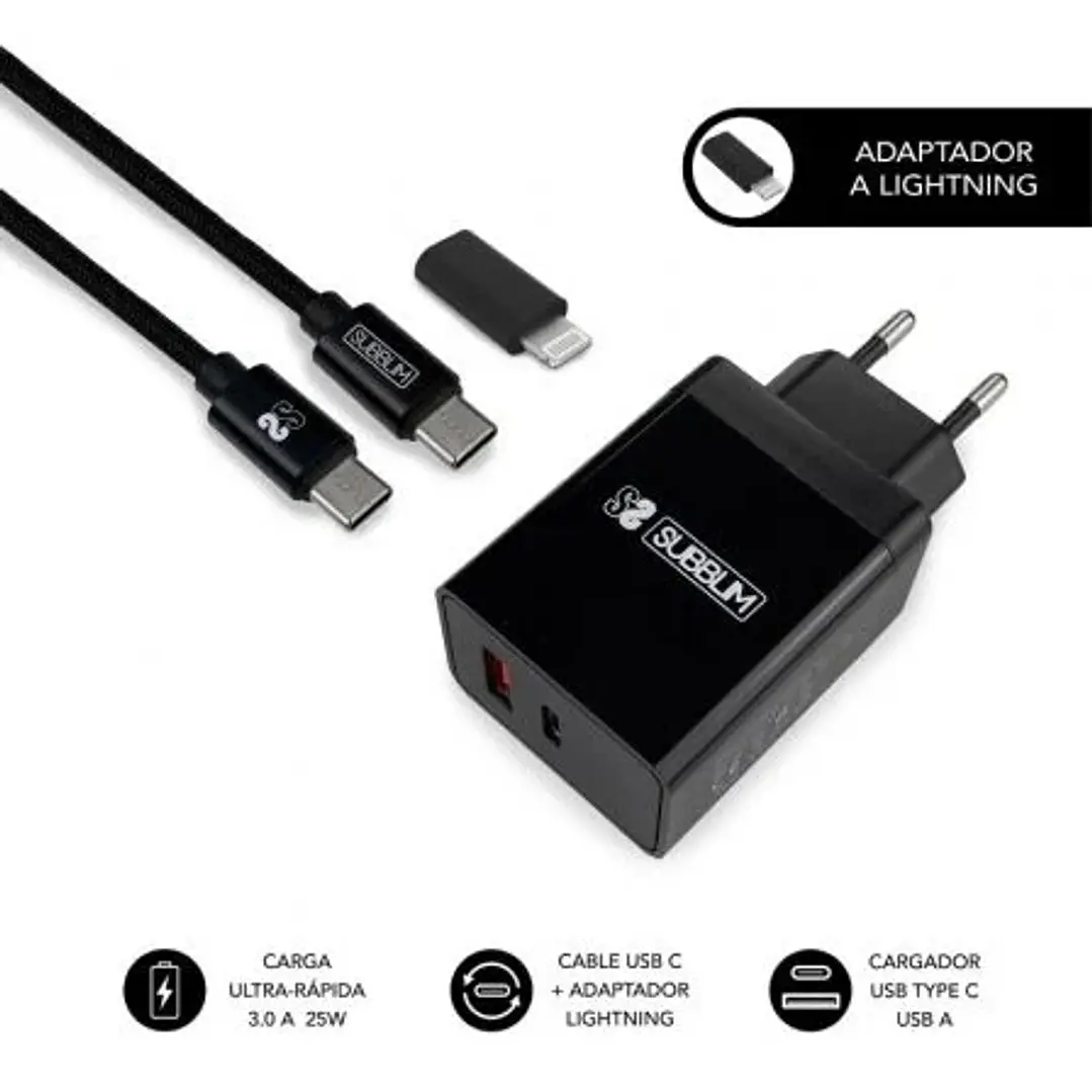 Subblim Cargador doméstico de 2 puertos - 25W - Carga rápida PD 3.0/2.0/Quick Charge 3.0 4.0 2.0 - Cable USB C reversible - Color Negro 1