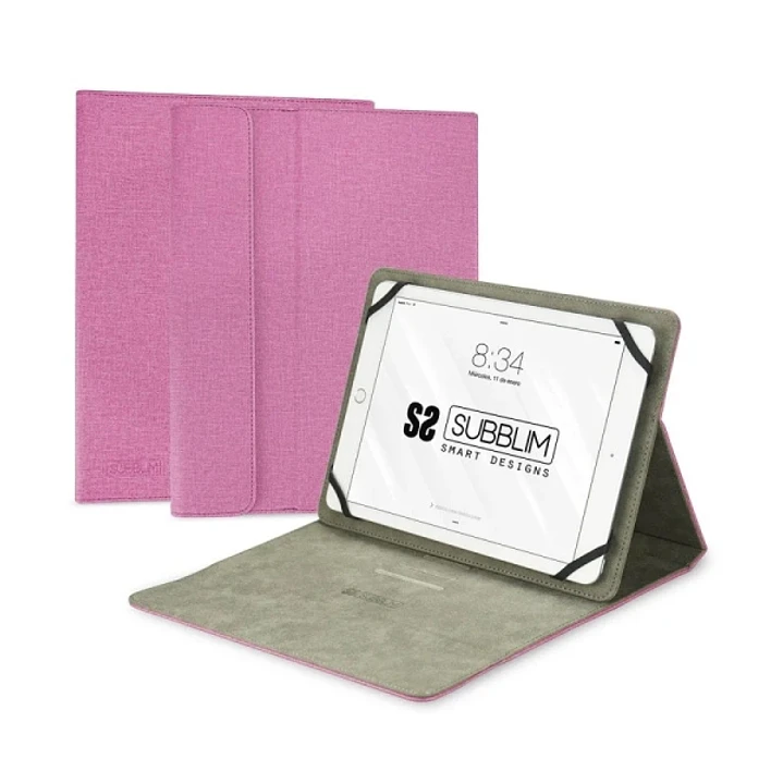 Subblim Funda universal para Tablet - Acabado en tacto Cloth - Soporte antideslizante - Cierre magnético - Sistema de sujeción exclusivo - Color Rosa 1