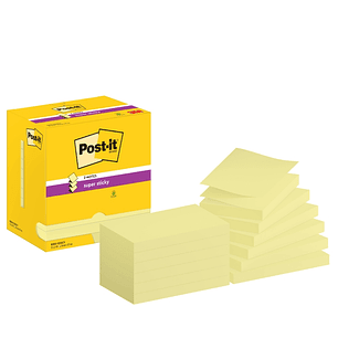 Post-It Super Sticky Pack de 12 Blocs de 90 Notas Adhesivas Reposicionables - Forma Rectangular - 76x127mm - en Zig-Zag - Color Amarillo Claro