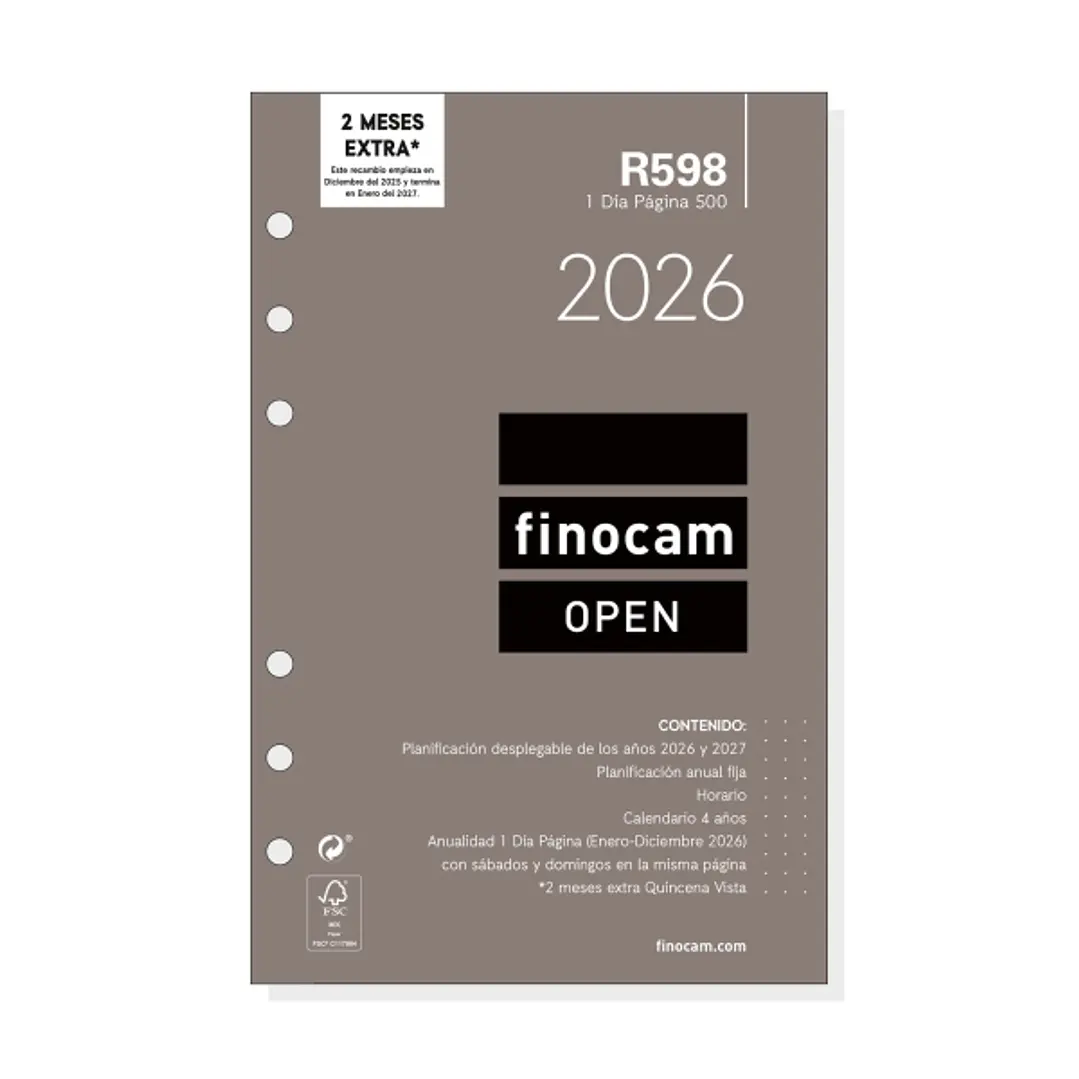 Finocam R598 Recambio Anual 2026 para Agendas Open 2026 - Formato 500 - 117x16x181mm - 1 Dia por Pagina - Color Blanco 1
