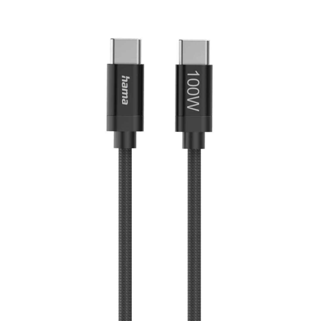 Hama Fabric Cable USB-C Macho - Potencia Maxima 100W - Longitud 1.5m - Nailon - Velocidad hasta 480Mbps - Blindaje Doble - Color Negro 1