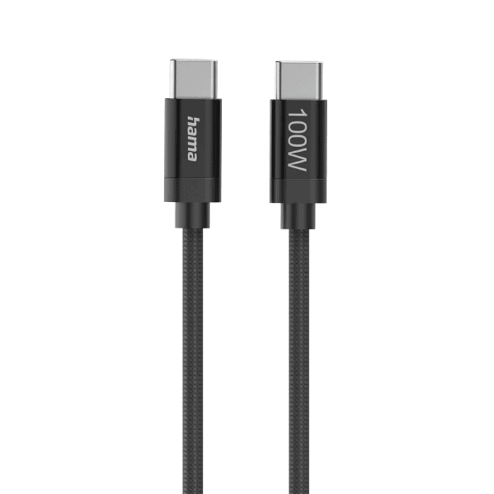 Hama Fabric Cable USB-C Macho - Potencia Maxima 100W - Longitud 1.5m - Nailon - Velocidad hasta 480Mbps - Blindaje Doble - Color Negro 1